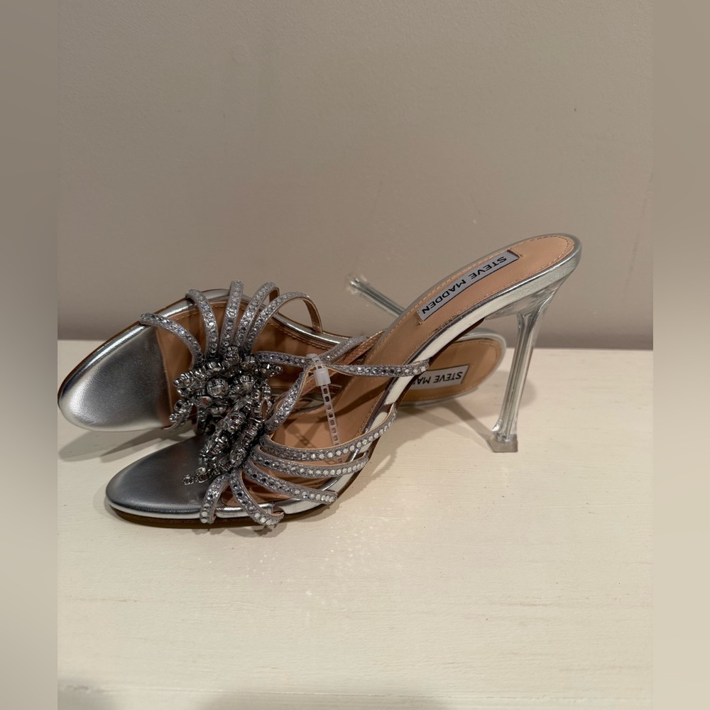 Steve Madden Women's Pamola Silver Rhinestone Embellished Heels - Picture 4 of 10